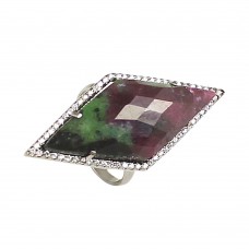 Ruby zoisite rhombus silver pave set ring